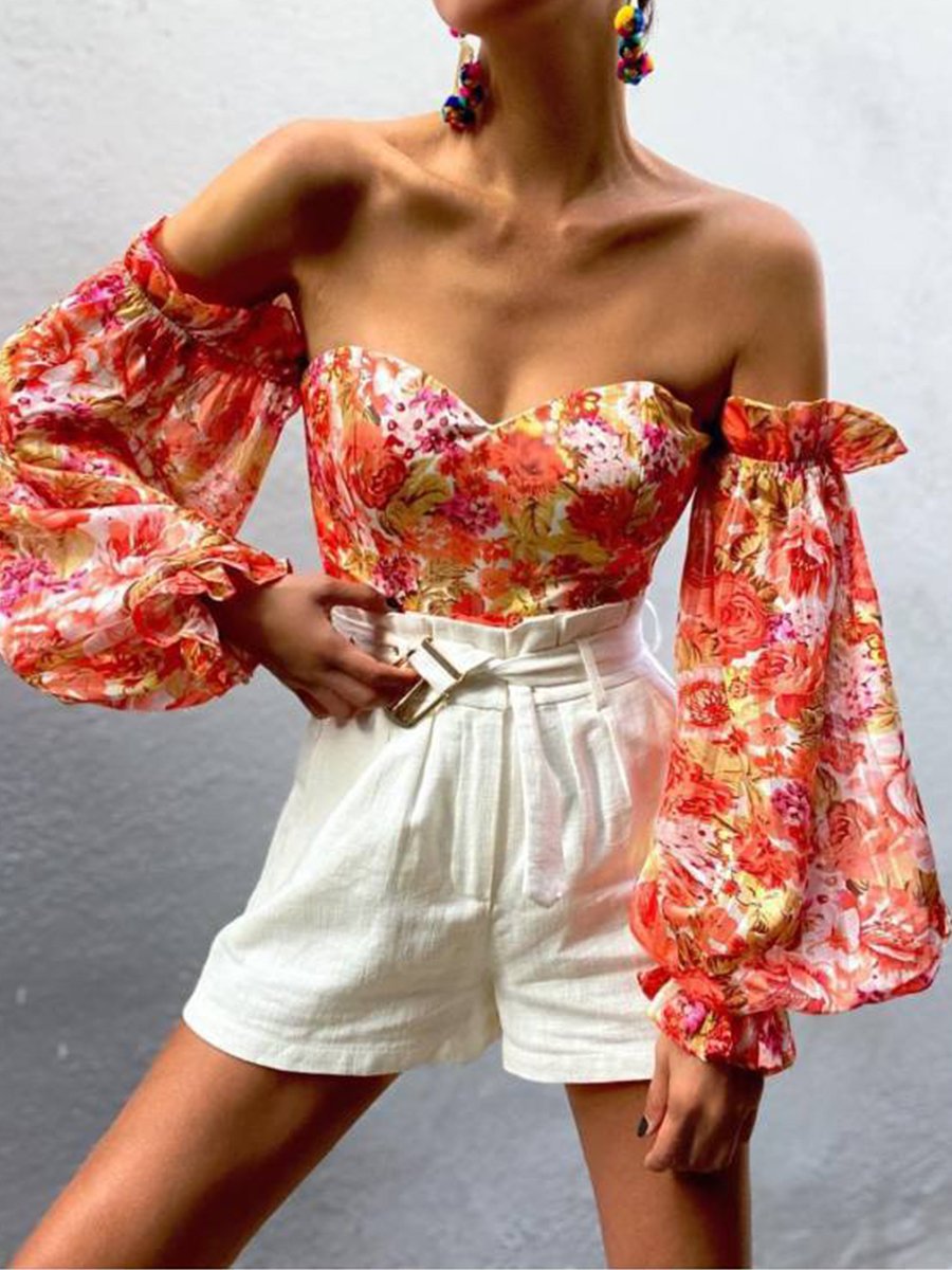 Fashion Printed Lantern Sleeve Chiffon Shirt