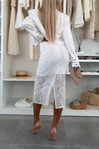 Lesia Floral Lace High Rise Slit Stretch Midi Skirt