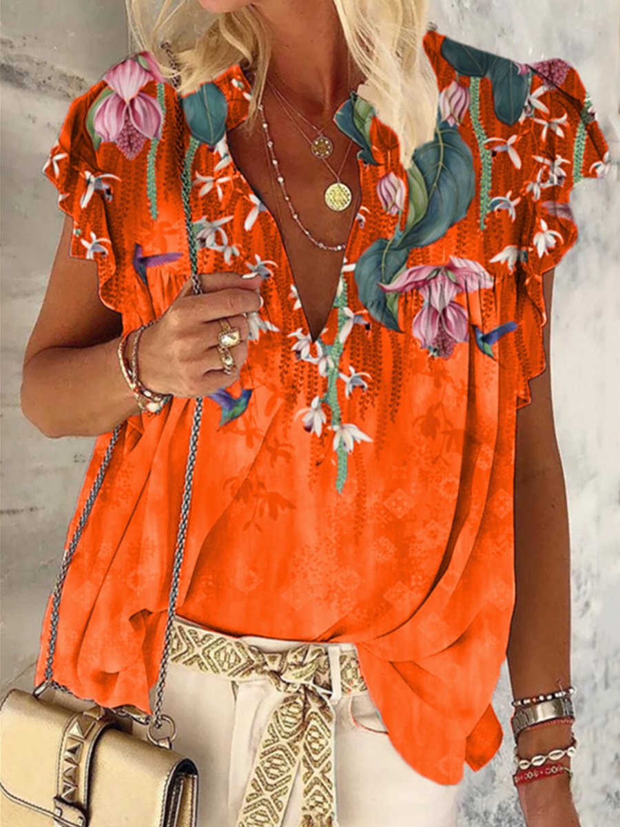 Summer Flower Print V-neck Short Sleeve Top