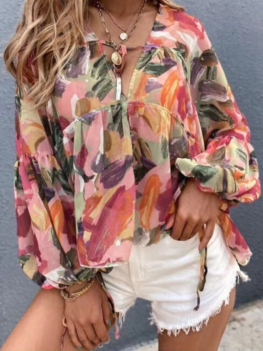 V-neck Long Bat Sleeve Print Blouse