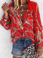 Casual Print Split Joint Turndown Collar Tops