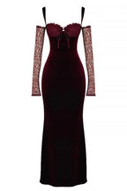 Cold Shoulder Lace Sleeve Bodycon Velvet Formal Party Maxi Dresses