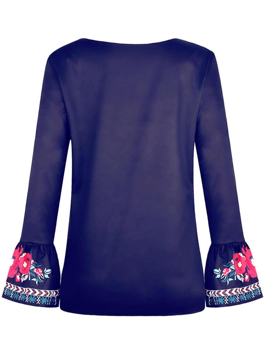 Loose Ethnic Print Long-sleeved T-shirt