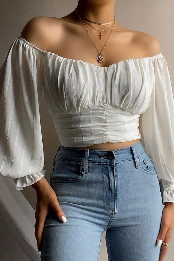 Off Shoulder Ruched Lantern Sleeve Crop Top
