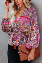 Patchwork Printed Drawstring Blouse