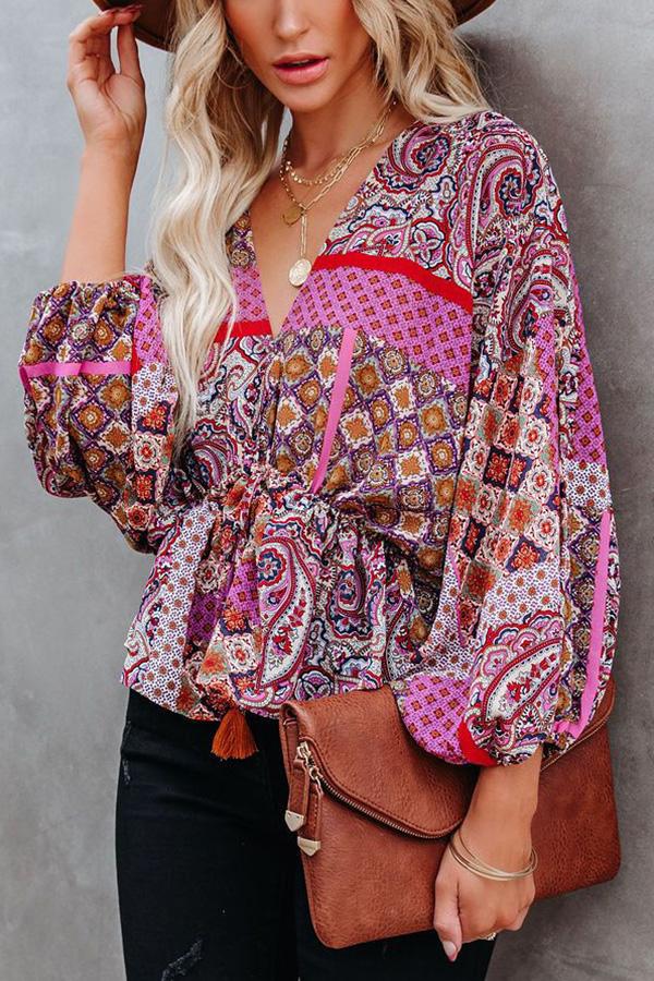 Patchwork Printed Drawstring Blouse