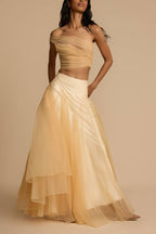 Romance Factor Satin Patchwork Tulle High Rise Elastic Waist A-line Maxi Skirt