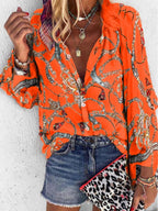 Casual Print Split Joint Turndown Collar Tops