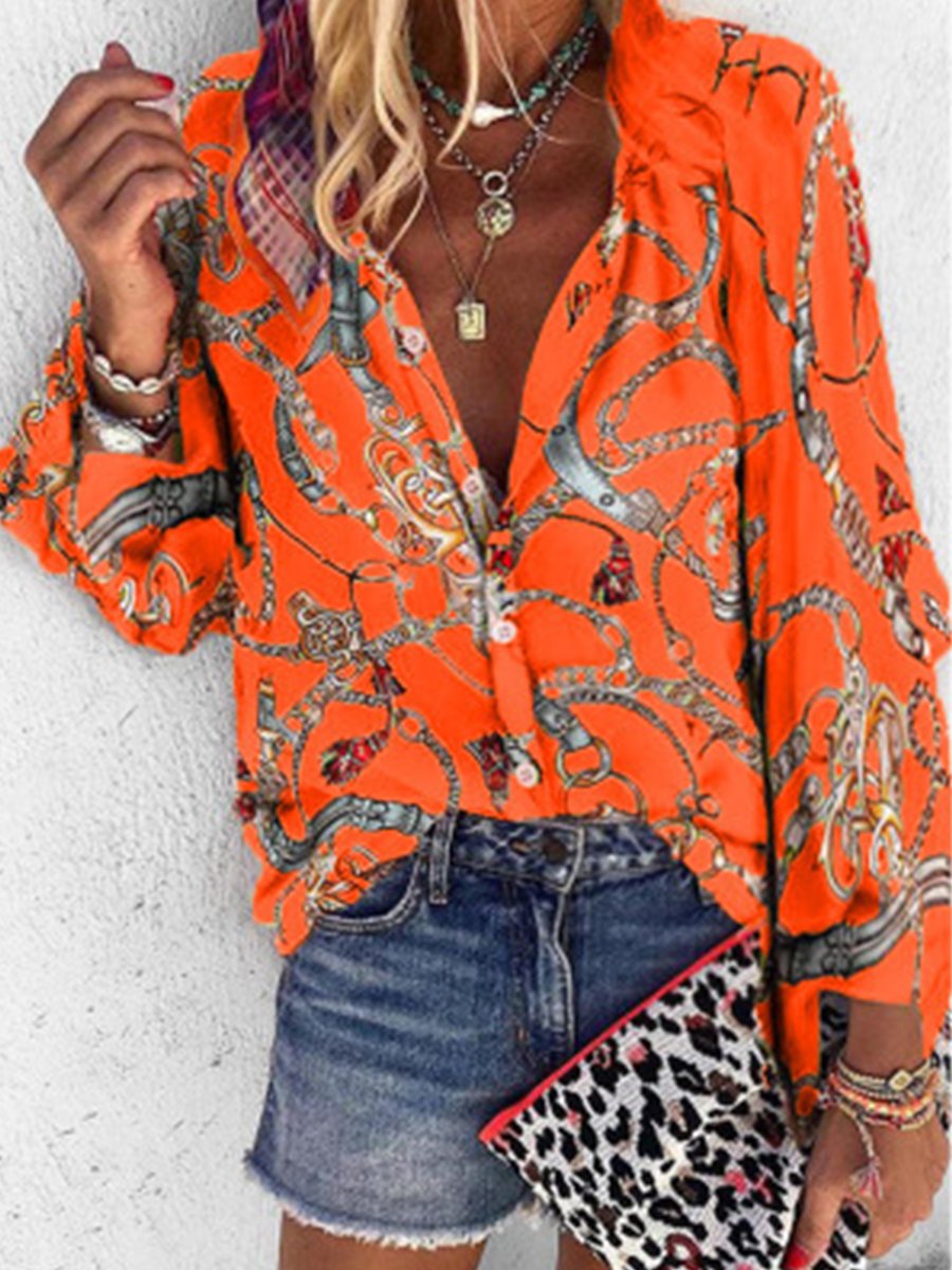 Casual Print Split Joint Turndown Collar Tops