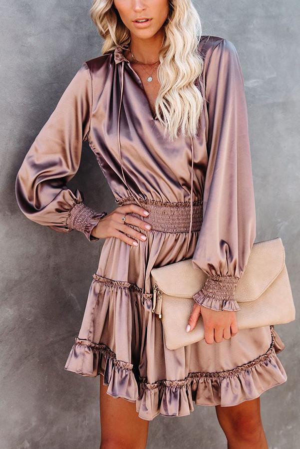 Satin Solid Color Puff Sleeve Dress