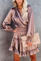 Satin Solid Color Puff Sleeve Dress