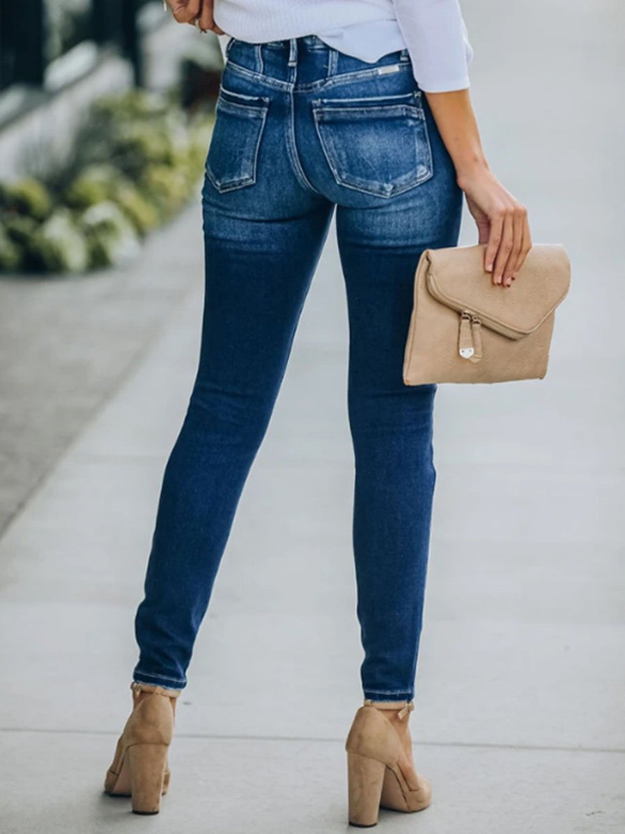 Solid High-rise Washed Holes Skinny Jeans