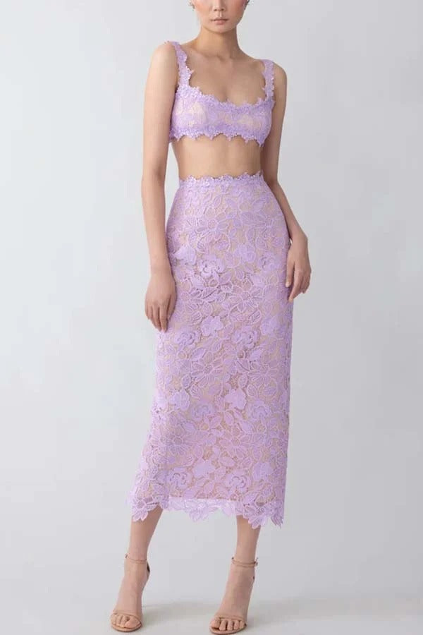 Warm Afternoon Floral Lace High Rise Slit Midi Pencil Skirt