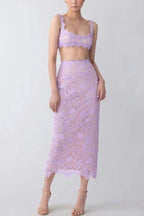 Warm Afternoon Floral Lace High Rise Slit Midi Pencil Skirt
