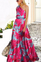 One-shoulder Leaf Print Maxi Dress