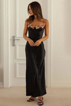Embroidered Flower Boat Neck High Slit Satin Slim Garden Party Slip Maxi Dresses