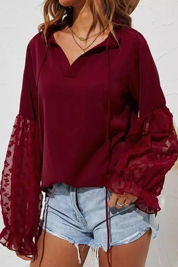 Solid V-Neck Long Sleeves Casual Blouses