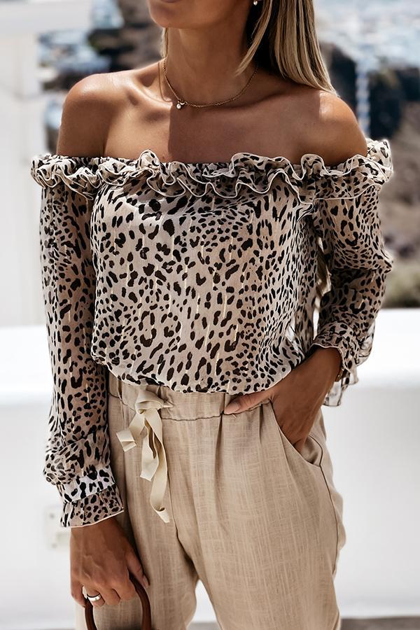 Leopard Print Off Shoulder Ruffle Blouse