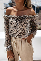 Leopard Print Off Shoulder Ruffle Blouse