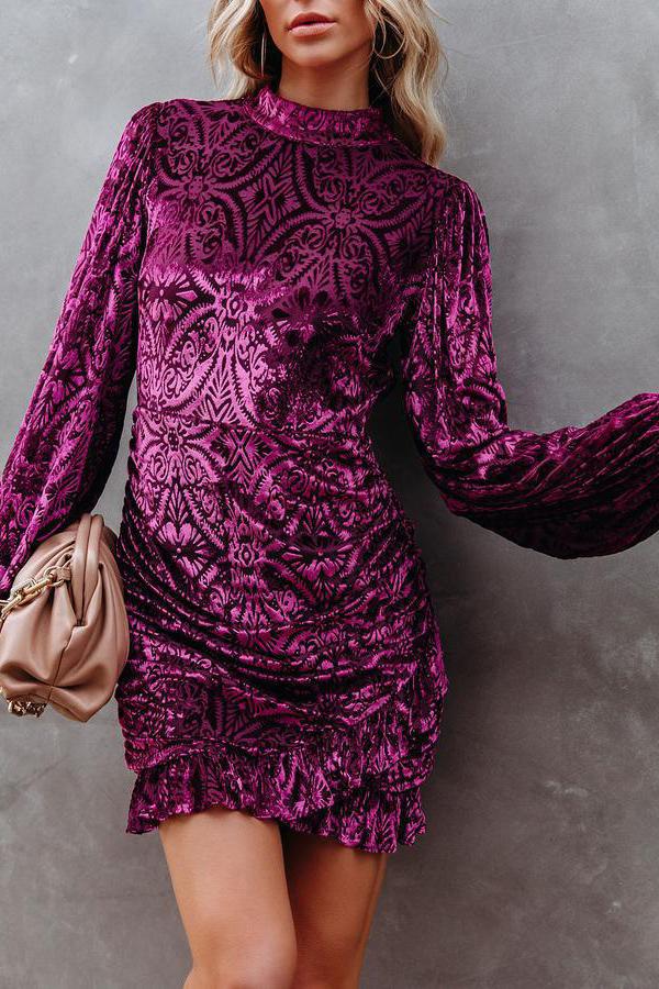 Velvet Burnt Flower Ruffled Irregular Dress