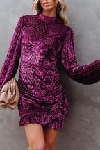 Velvet Burnt Flower Ruffled Irregular Dress