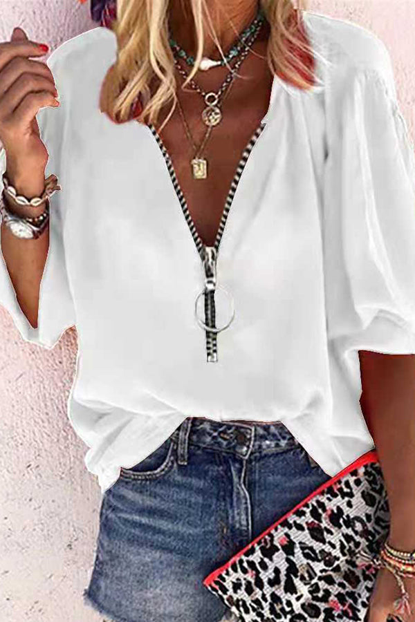 Leopard Print V-neck Zipper Decor Half Sleeve Blouse