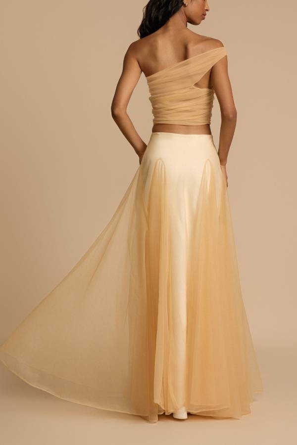 Romance Factor Satin Patchwork Tulle High Rise Elastic Waist A-line Maxi Skirt