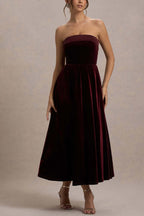 Center of Attention Velvet Satin Neck Bandeau Pleated Midi Dress