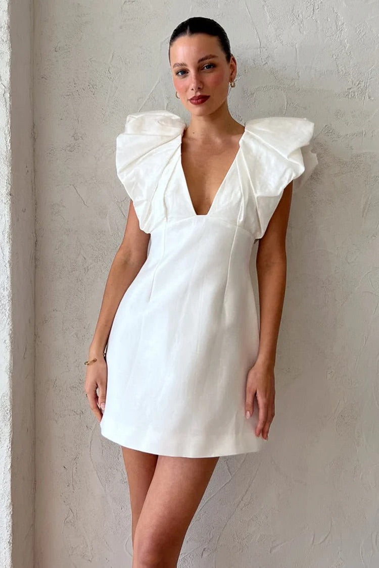 Lace Ruffled Trim Long Sleeve A-Line Midi Dresses-White