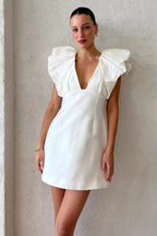 Lace Ruffled Trim Long Sleeve A-Line Midi Dresses-White