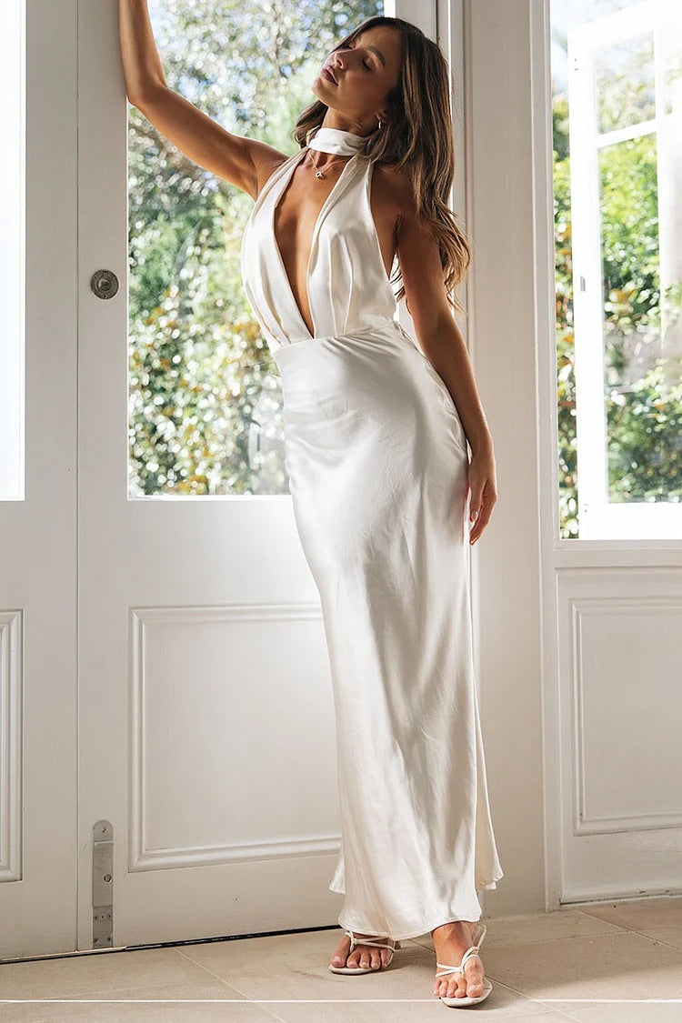 Deep V Neck Halter Open Back White Bridesmaid Maxi Dress