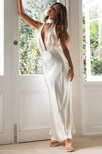 Deep V Neck Halter Open Back White Bridesmaid Maxi Dress