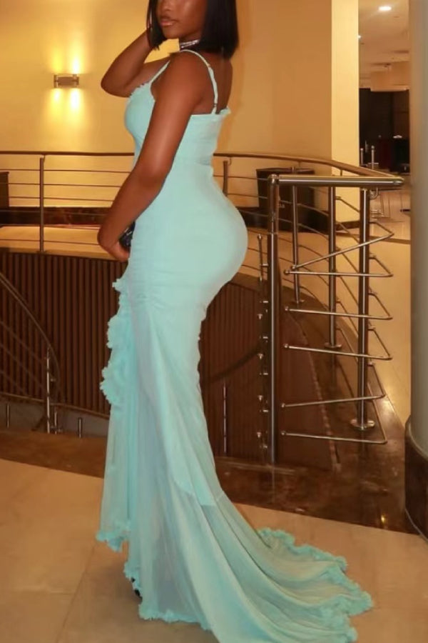 Retro Romantic Style Mesh Ruffle Trim Ruched Slit High Low Maxi Dress