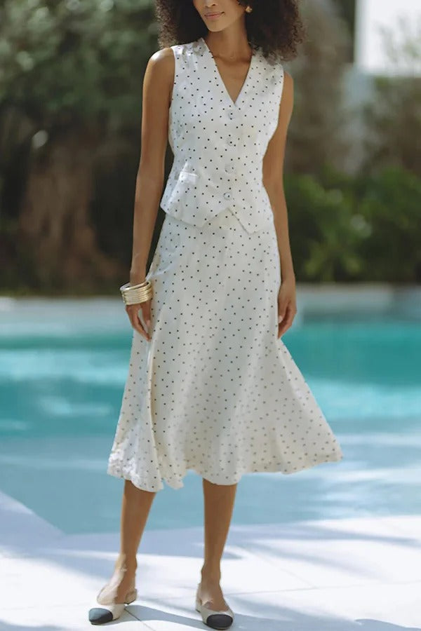 Jasmina Polka Dot Polka Jacquard Elastic Waist Flare Midi Skirt