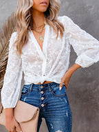 Casual Solid V-neck Organza Shirt