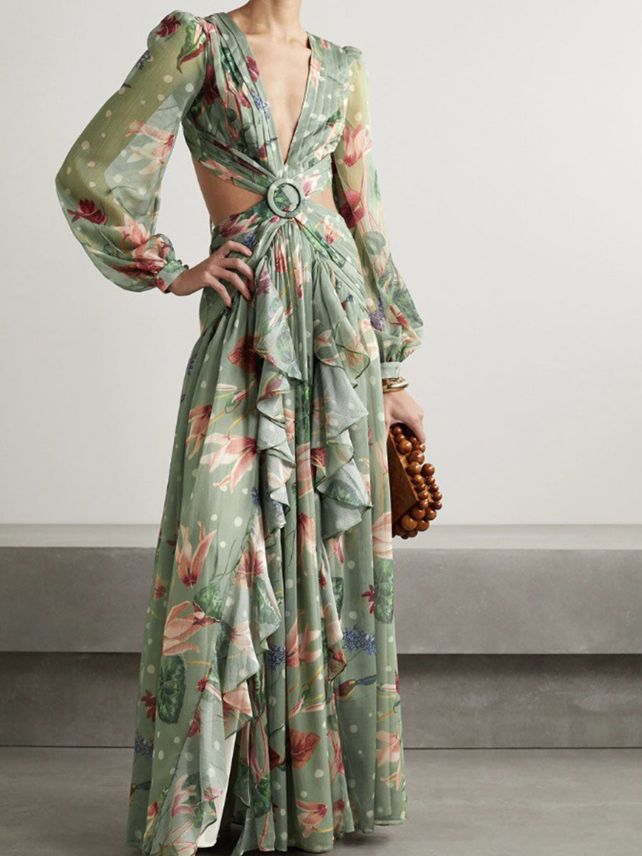 Personalized Hollow Printed Long Sleeve Dress
