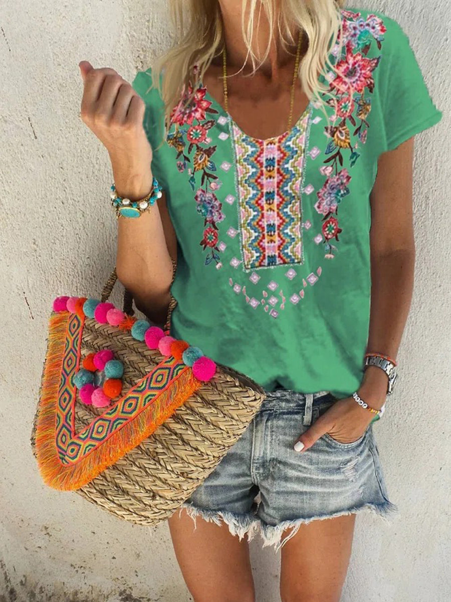 Flower Print U Collar T-shirt