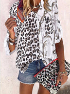 Elegant Print Leopard Buckle Shirt Collar Tops