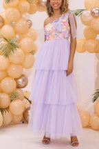 One Shoulder Floral Print Contrast Mesh Prom Dress