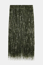 Party Crasher Layered Sequined Tassels High Rise Back Zipper Midi Skirt