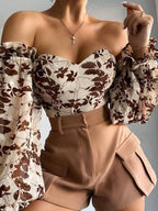Fashion Printed Lantern Sleeve Chiffon Shirt