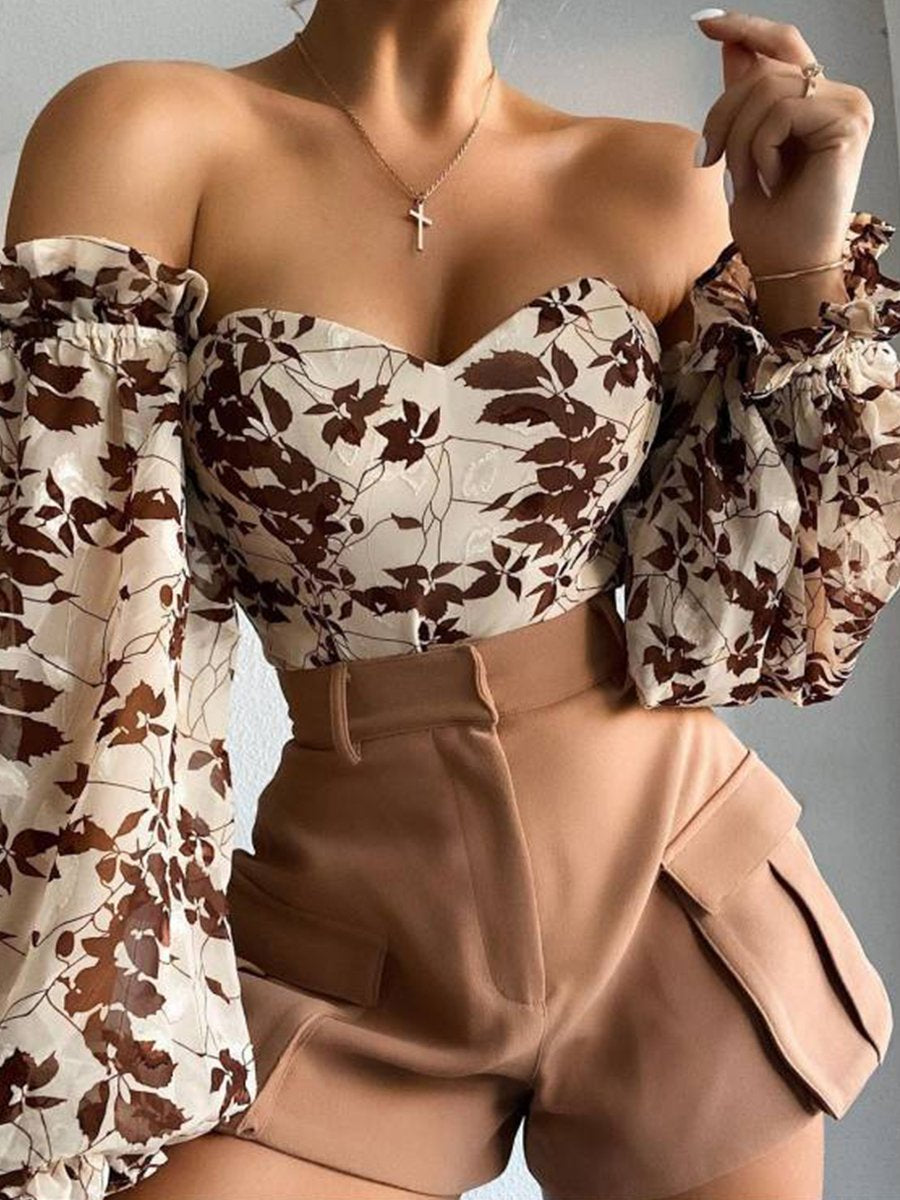 Fashion Printed Lantern Sleeve Chiffon Shirt