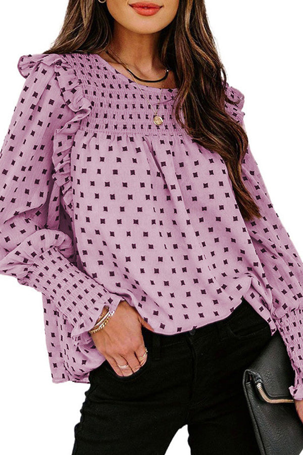Polka dot chiffon shirt with ruffled lantern sleeves