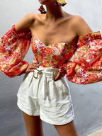 Fashion Printed Lantern Sleeve Chiffon Shirt