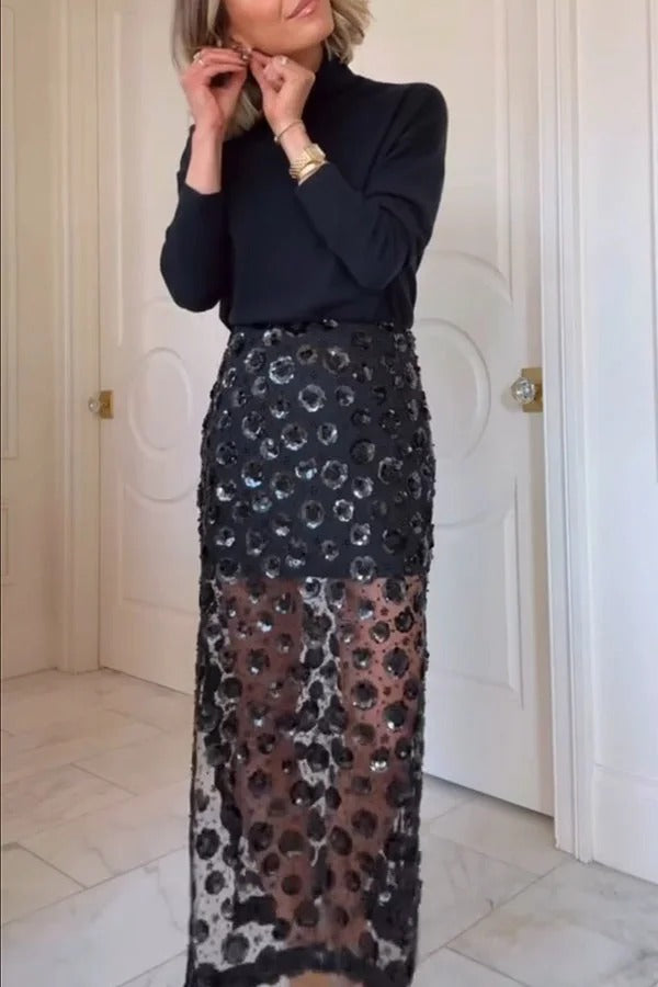 Gorgeous Flower Embellished Sequin Sheer High Rise Slit Midi Skirt