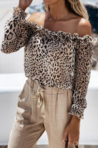Leopard Print Off Shoulder Ruffle Blouse