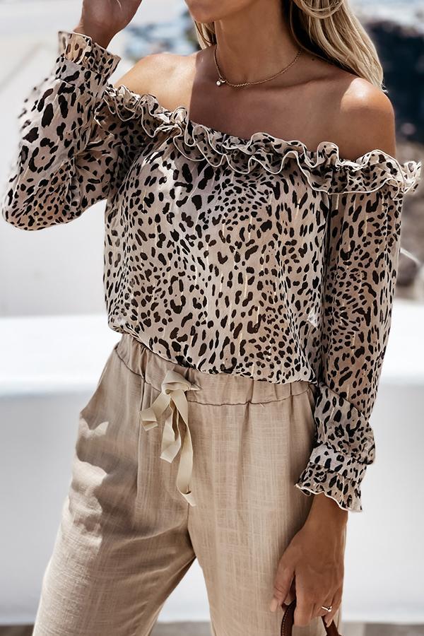 Leopard Print Off Shoulder Ruffle Blouse