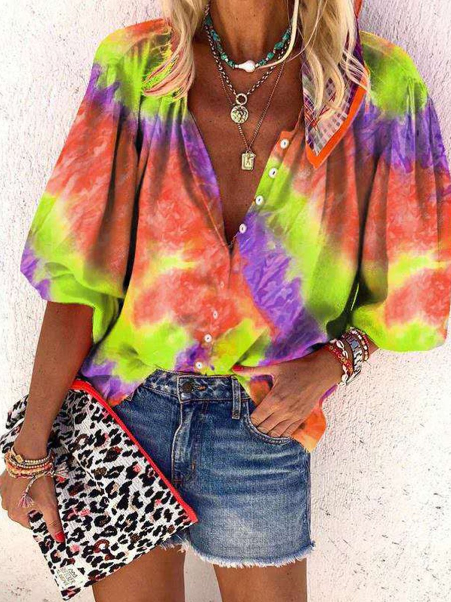 Tie-dye Printed Long Sleeve V-neck button Blouse