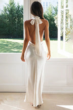 Deep V Neck Halter Open Back White Bridesmaid Maxi Dress