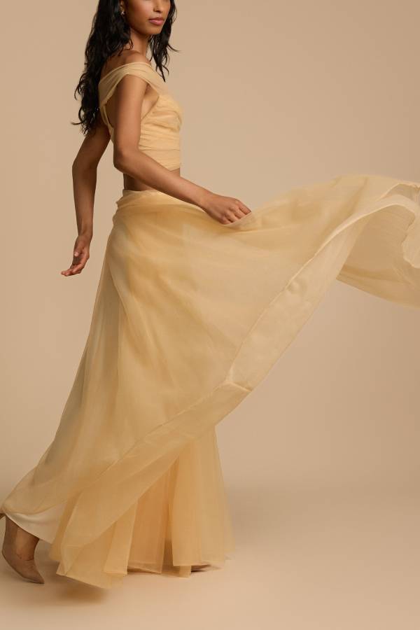 Romance Factor Satin Patchwork Tulle High Rise Elastic Waist A-line Maxi Skirt